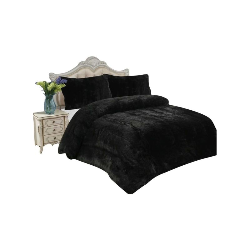 GENERICO - CUBRECAMA PLUSH CON CHIPORRO PELUDO INVIERNO 2 PLAZAS NEGRO