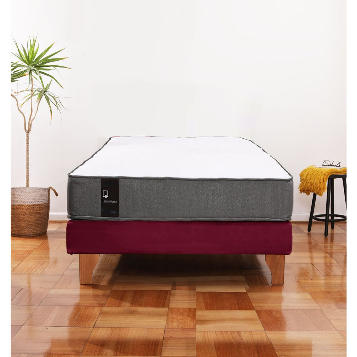 LATAM HOME - Cama Europea Zen Best 1.5 Plaza Colchon Resortes Base Dividida Tela Burdeo