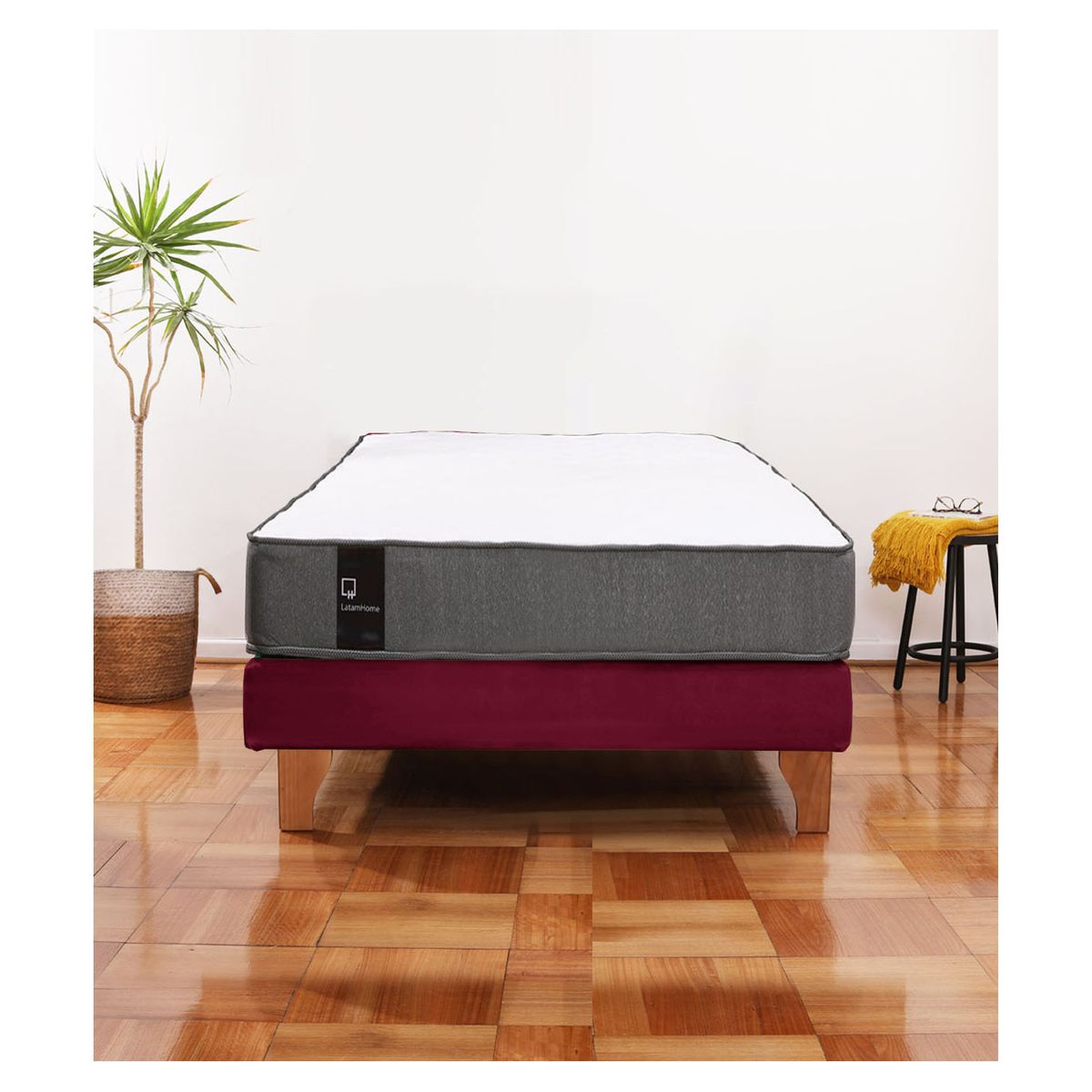 LATAM HOME - Cama Europea Zen Best 1.5 Plaza Colchon Resortes Base Dividida Tela Burdeo