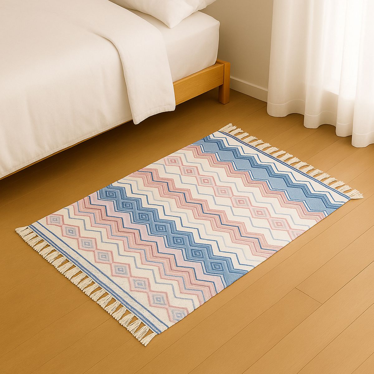 ALTERNATIVE - Bajada De Cama 60x90 Cm De Lino Con Diseño Zigzag Pastel 737