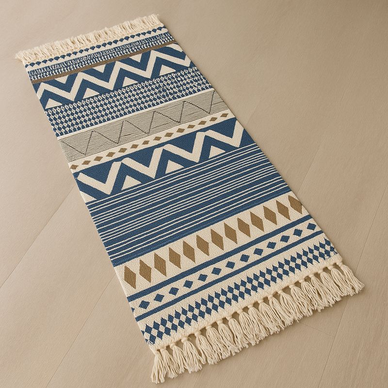 ALTERNATIVE - Bajada De Cama 60x130 Cm Lino Diseño Étnico Azul Y Beige 741