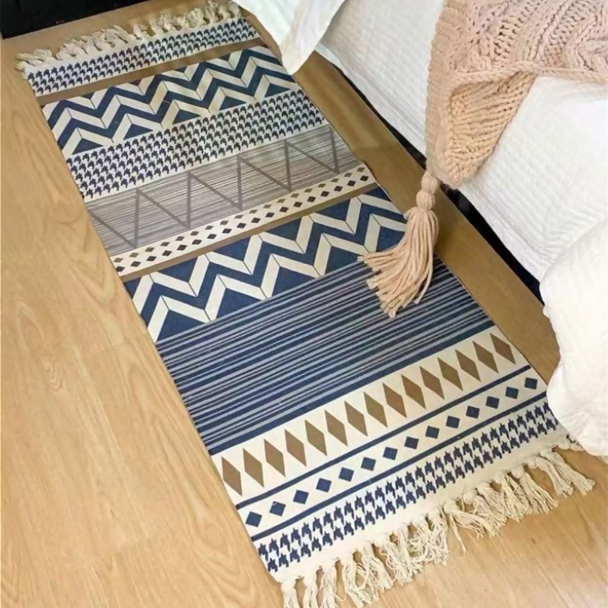 ALTERNATIVE - Bajada De Cama 60x130 Cm Lino Diseño Étnico Azul Y Beige 741