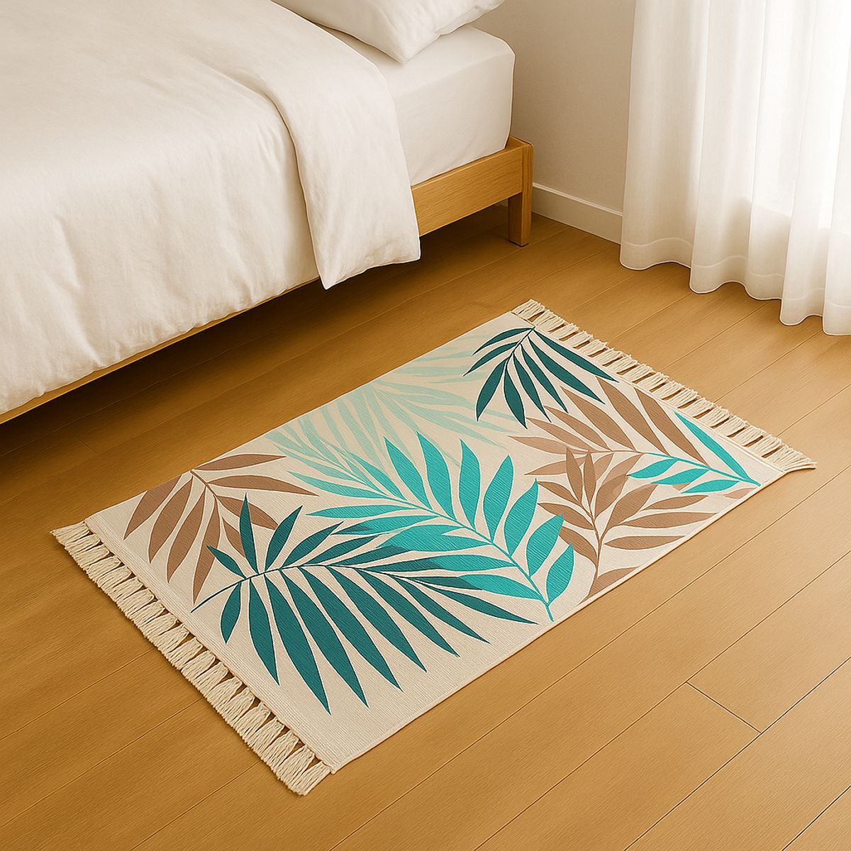 ALTERNATIVE - Bajada De Cama 60x90cm De Lino Tropical Con Hojas Verdes 732