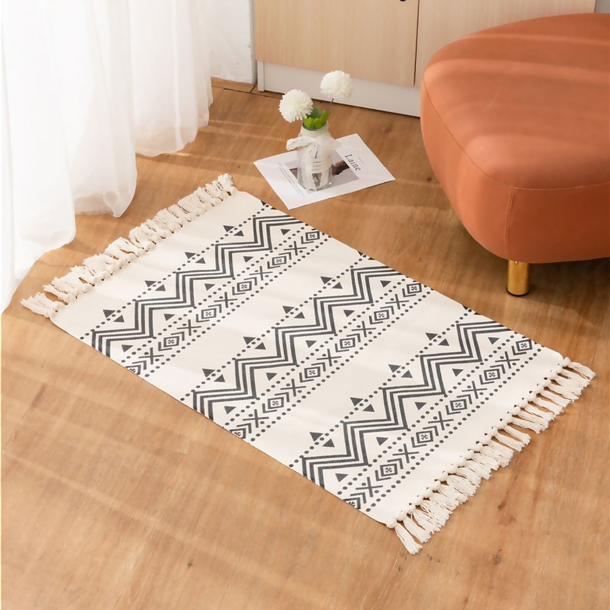 ALTERNATIVE - Bajada De Cama 60x90 Cm De Lino Con Diseño Étnico Negro 738