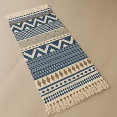 ALTERNATIVE - Bajada De Cama 60x130 Cm Lino Diseño Étnico Azul Y Beige 741