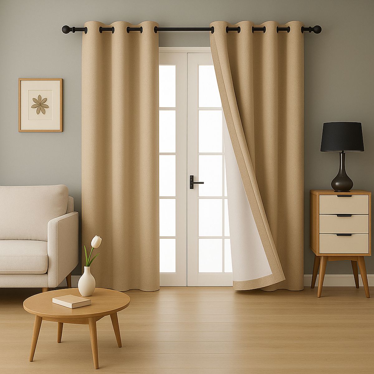 ARMONIA - Cortina Color Beige - 2 Paños 140x230 cm Forro Blanco