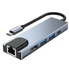 GENERICO - Hub Dock Adaptador USB-C Hdmi Lan 5 en 1 Compatible Con Mac y PC