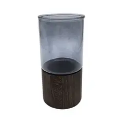 FLIPEREX - Florero Decorativo De Vidrio Liso Tonos Gris Con Base Madera