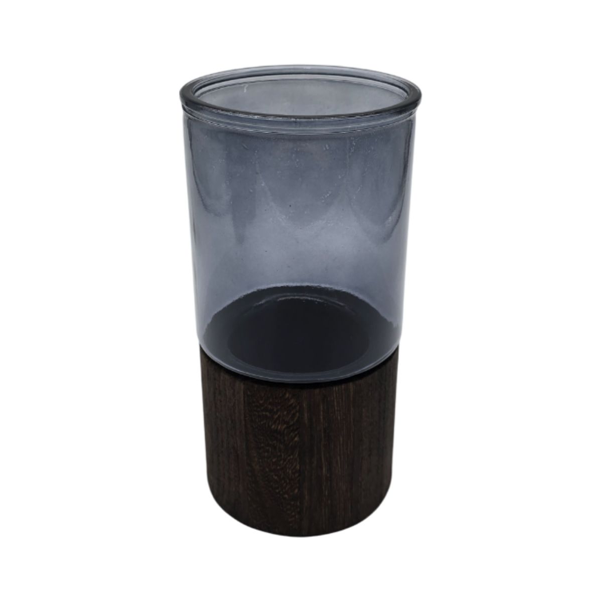 FLIPEREX - Florero Decorativo De Vidrio Liso Tonos Gris Con Base Madera