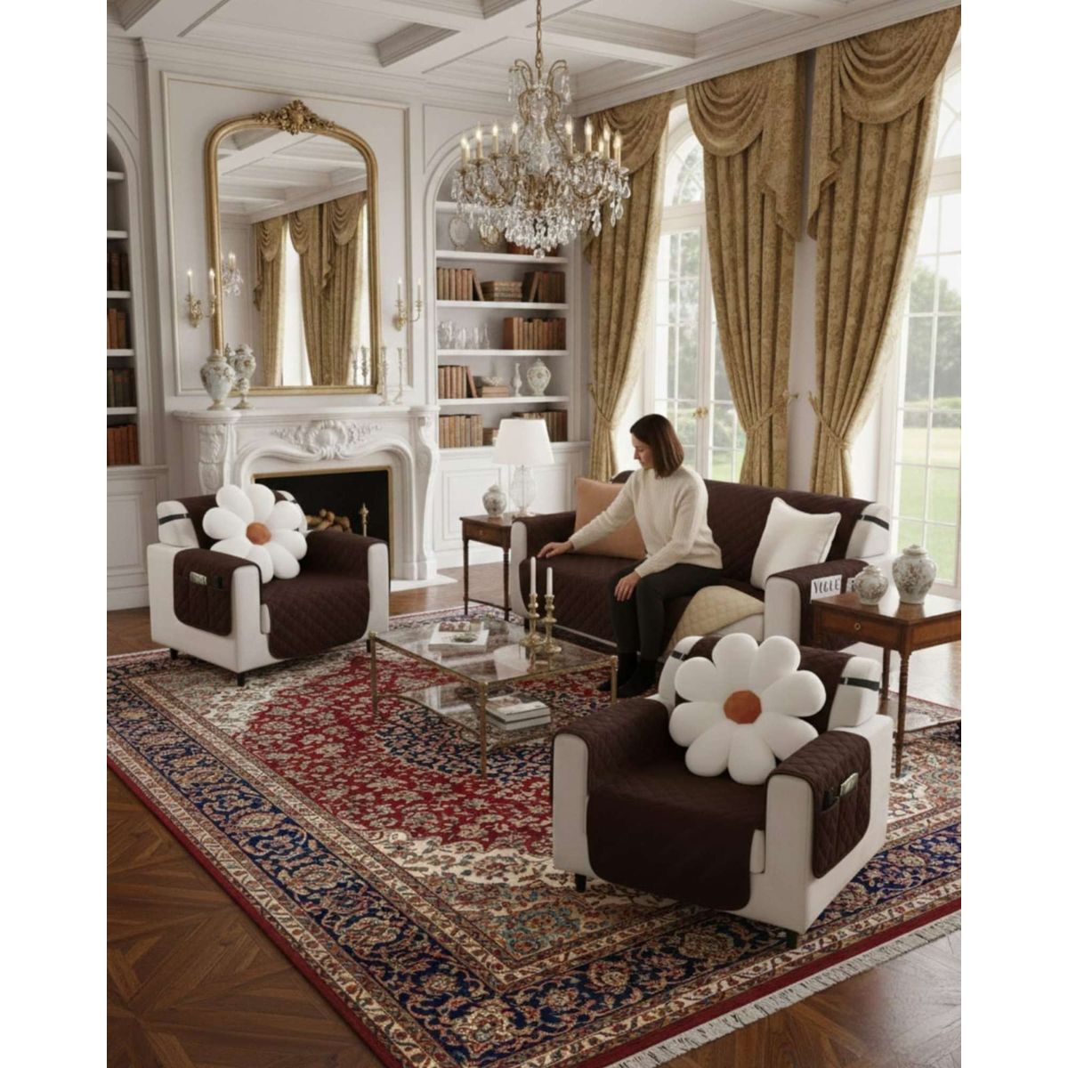 GENERICO - Cubre sillon reversibles con bolsas sest de 3 piezas 3+1+1