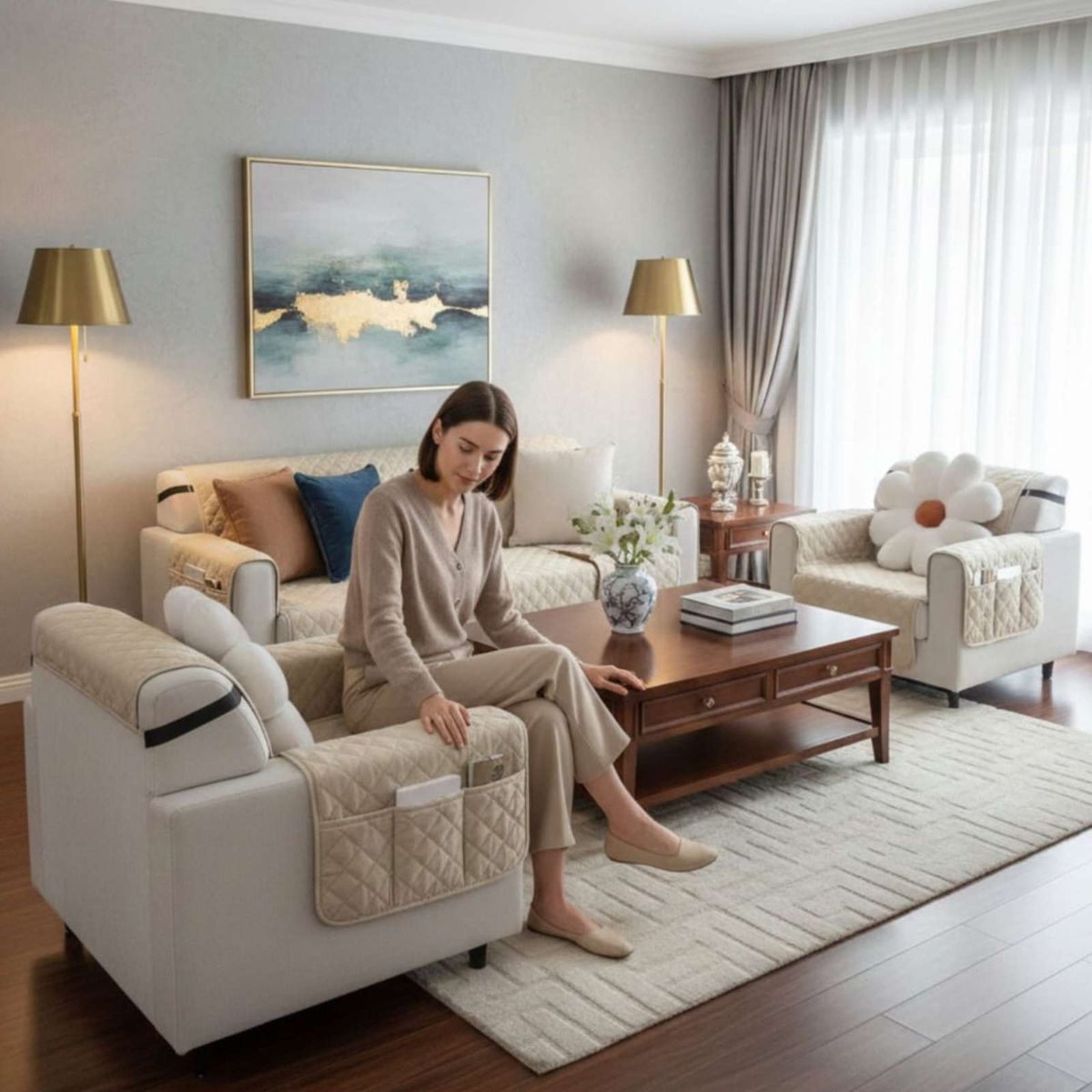 GENERICO - Cubre sillon reversibles con bolsas sest de 3 piezas 3+1+1