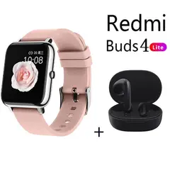 XIAOMI - Reloj inteligente pantalla táctil rosa + Redmi Buds 4 Lite-Negro.