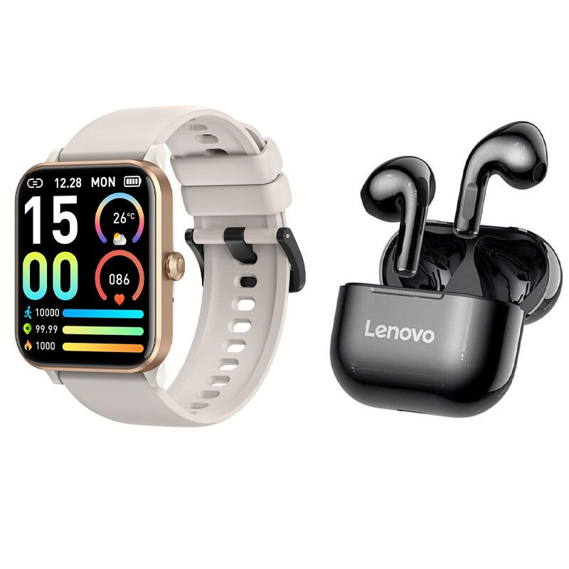 LENOVO - reloj inteligente Bluetooth blanquecino + auriculares Lenovo LP40