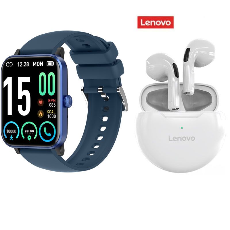 LENOVO - Reloj deportivo inteligente J01 azul + combo Lenovo HT38 Blanco