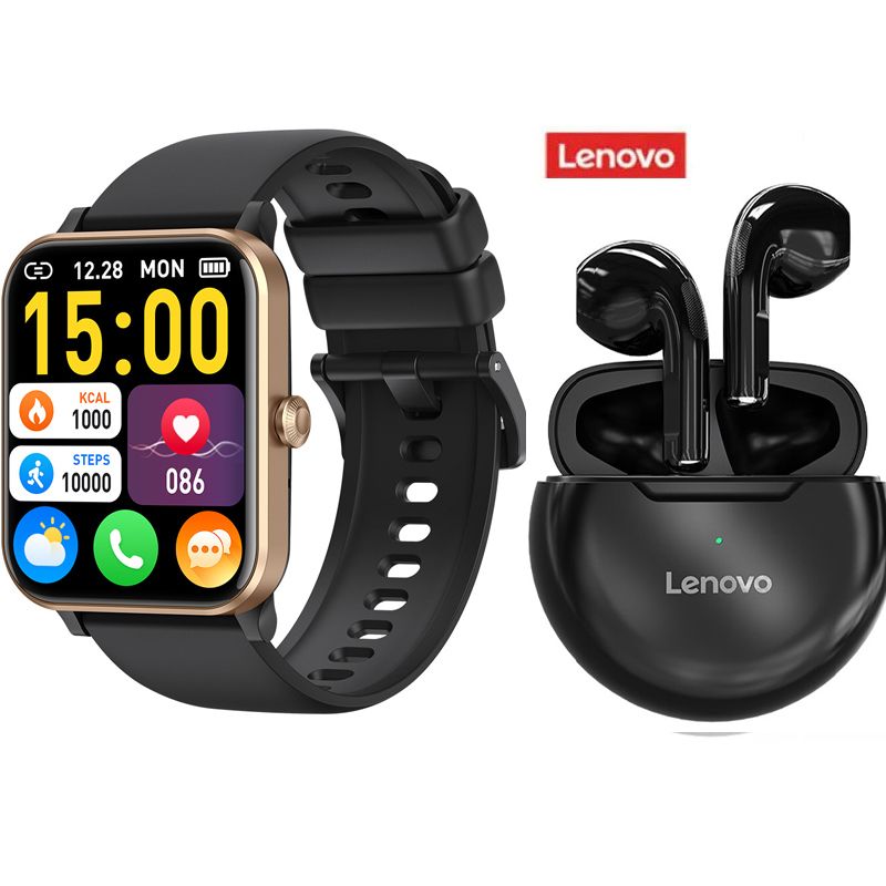 LENOVO - Reloj deportivo inteligente J01 Dorado + combo Lenovo HT38 Negro
