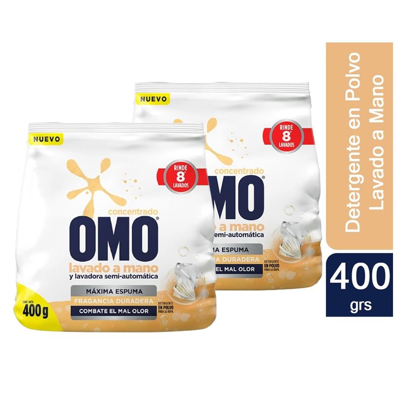 OMO - X2 Detergente En Polvo Omo Concentrado Lavado A Mano 400 Gr