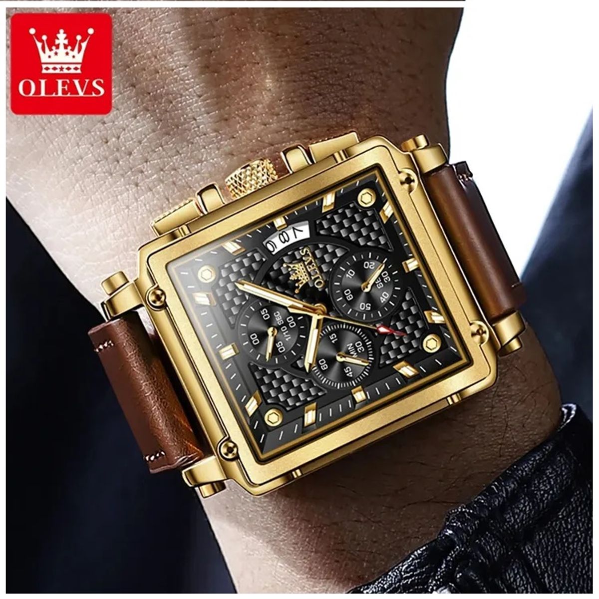 STARTECHOFFICE - Reloj Cronógrafo de Hombre Diseño Cuadrado Dorado Correa de Cuero Resistente al agua 30m Cuarzo