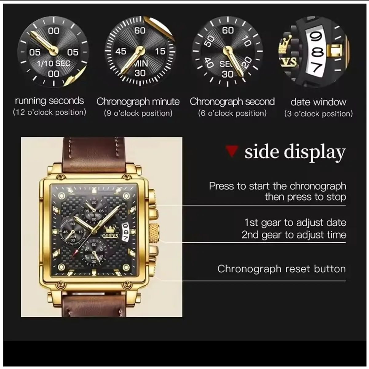 STARTECHOFFICE - Reloj Cronógrafo de Hombre Diseño Cuadrado Dorado Correa de Cuero Resistente al agua 30m Cuarzo
