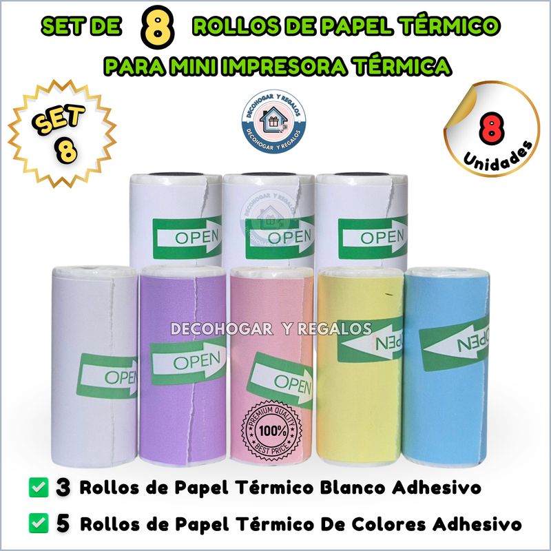 GENERICO - Set 8 Rollos Papel Térmico Adhesivo Mini Impresora y Cámara Impresión