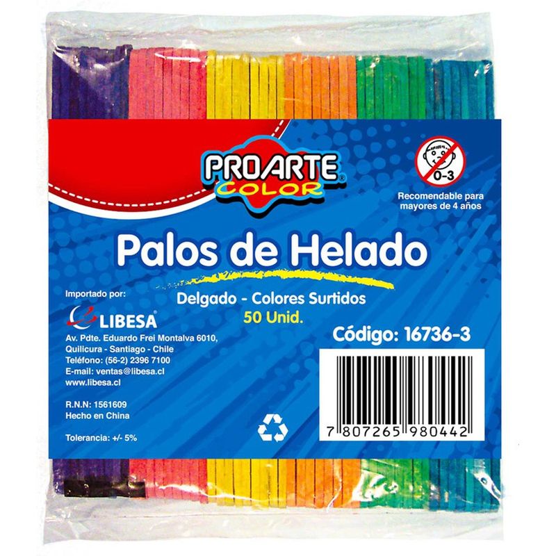 PROARTE - Palos de Helado Delgado Colores 50 unidades Proarte