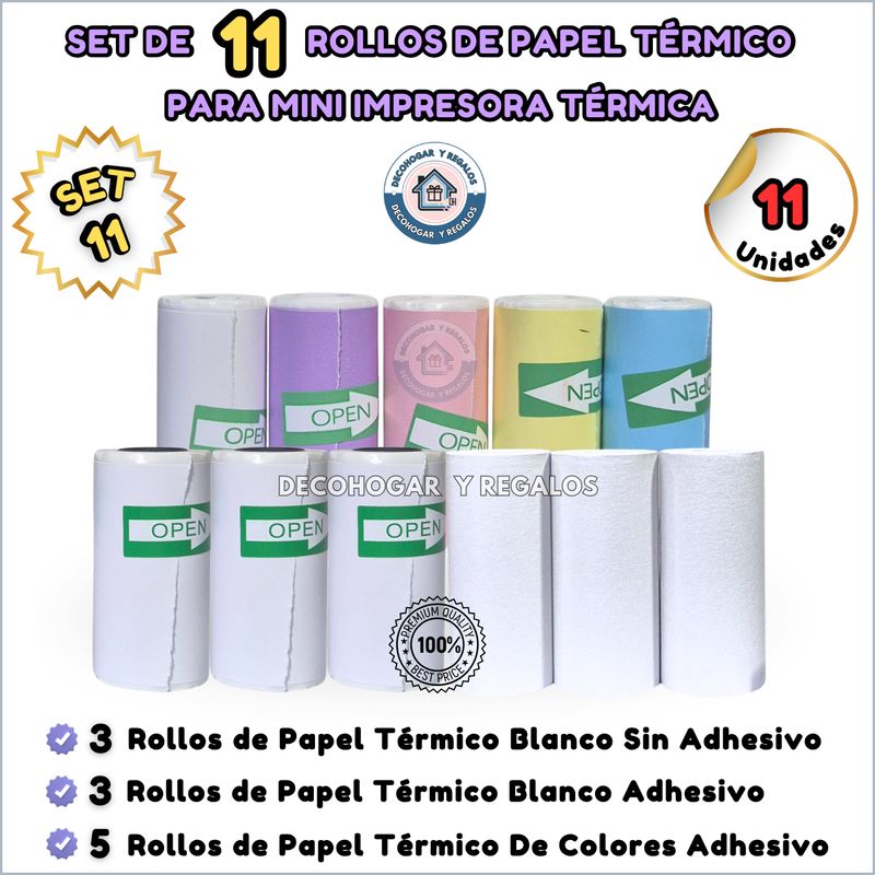 GENERICO - Set 11 Rollos Papel Térmico y Térmico Adhesivo Mini Impresora.