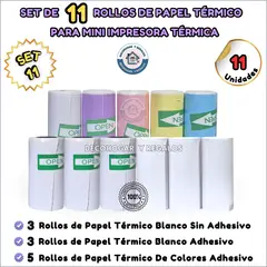 GENERICO - Set 11 Rollos Papel Térmico y Térmico Adhesivo Mini Impresora.