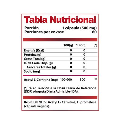 Imagen 2 del producto Acetyl L-Carnitina 500mg 60 cápsulas
