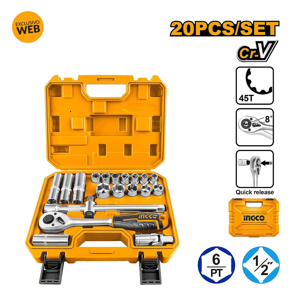 INGCO - Set Dados Y Chicharra Industrial 20 Piezas 1/2" Ingco Ss