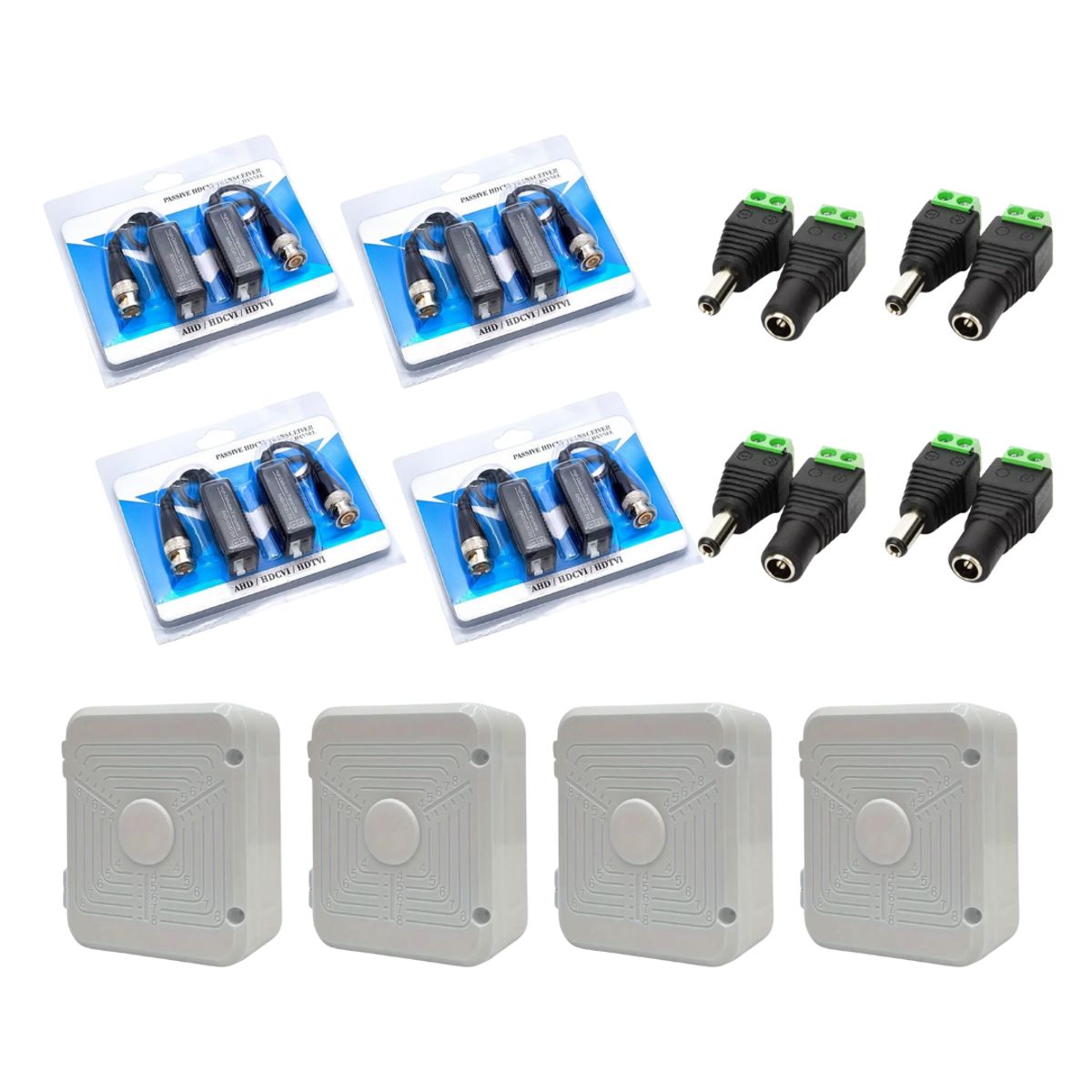GENERICO - Pack de 4 Pares de Video Balun 1080p + 4 Pares de Conectores DC + Caja Estanca