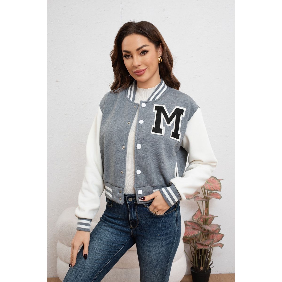 LIKE SHOP - Chaqueta Corta Universitaria Mujer Gruesa Forro Piel Bolsillos 7582