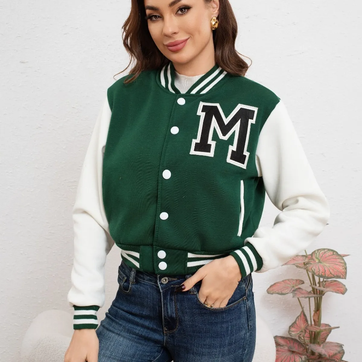 LIKE SHOP - Chaqueta Corta Universitaria Mujer Gruesa Forro Piel Bolsillos 7582