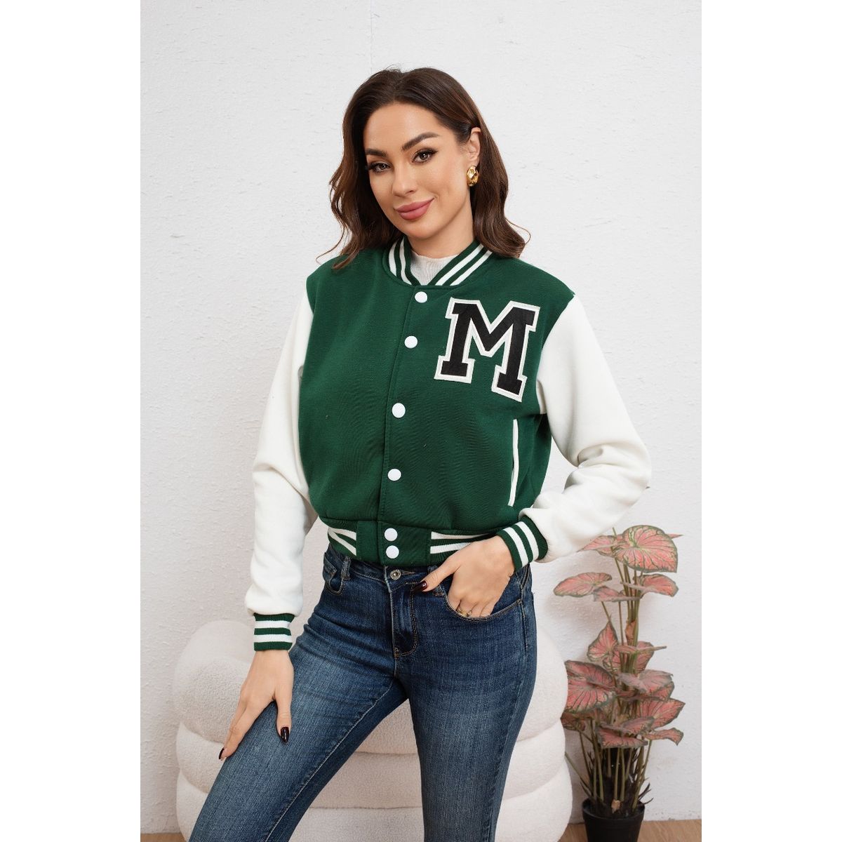 LIKE SHOP - Chaqueta Corta Universitaria Mujer Gruesa Forro Piel Bolsillos 7582