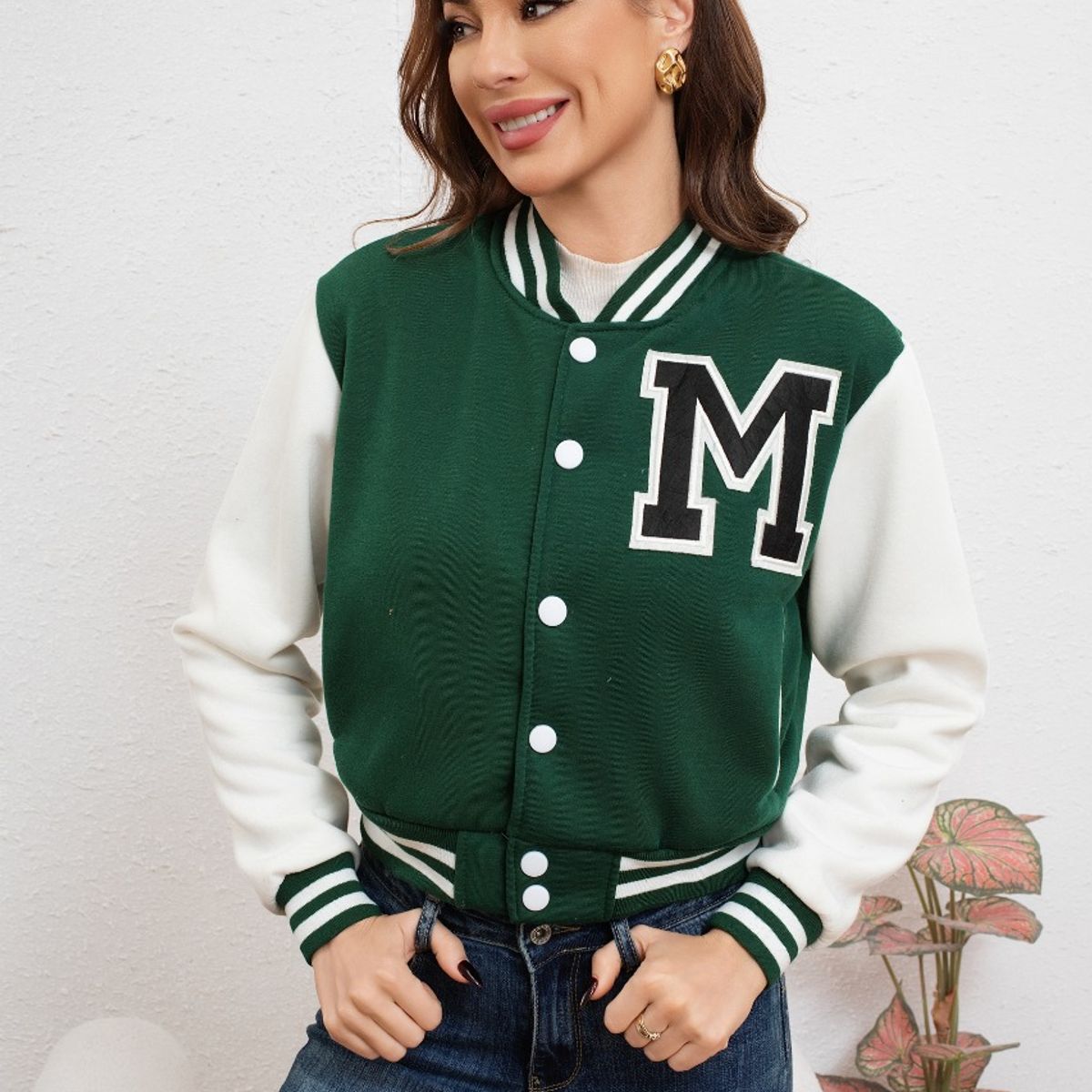 LIKE SHOP - Chaqueta Corta Universitaria Mujer Gruesa Forro Piel Bolsillos 7582