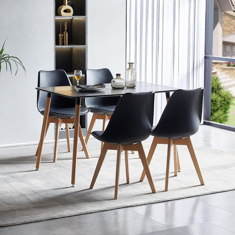 PANDALINO - Comedor Mesa Rectangular Brunell 120x80 Negra + 4 Sillas Tulip Negra