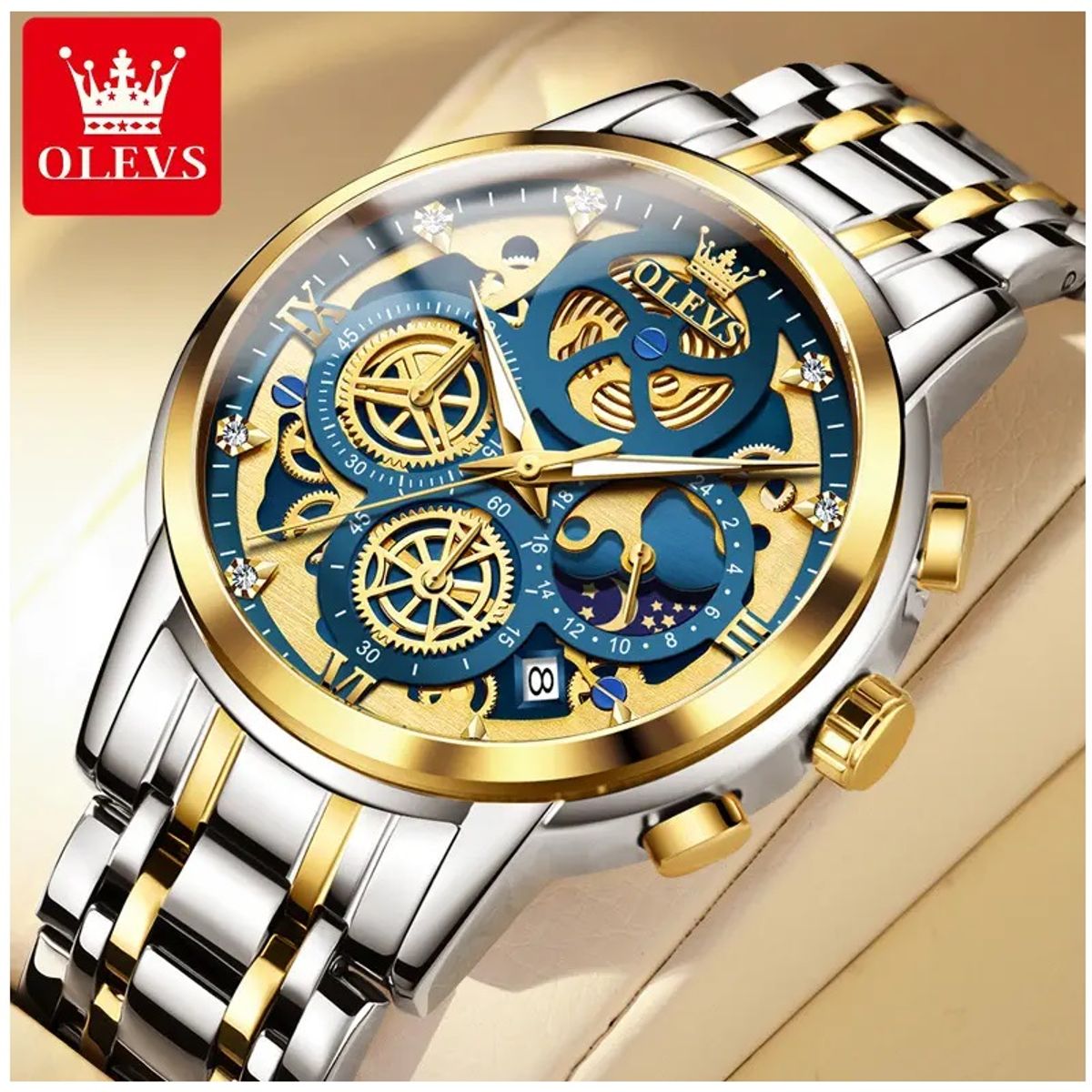 STARTECHOFFICE - Reloj de Lujo para Hombre con Diseño Esqueleto Dorado Multifunción