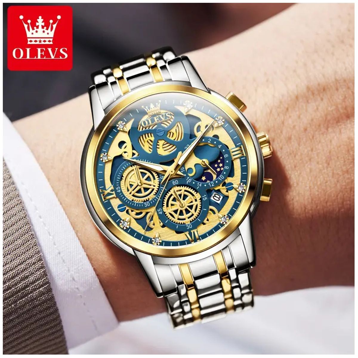 STARTECHOFFICE - Reloj Cronógrafo de Lujo para Hombre Diseño Esqueleto Dorado Azul