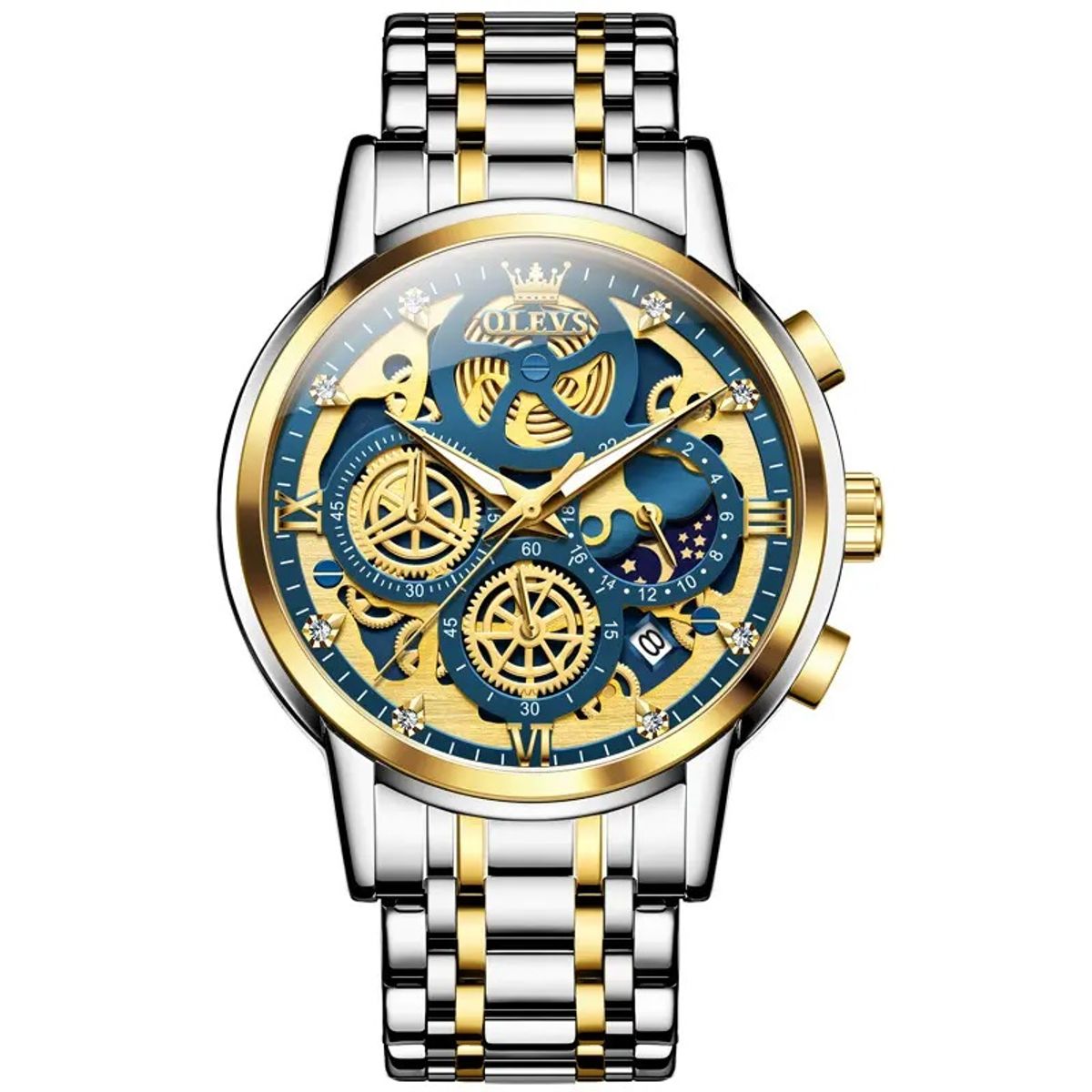 STARTECHOFFICE - Reloj Cronógrafo de Lujo para Hombre Diseño Esqueleto Dorado Azul