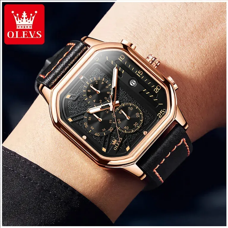 Reloj Cuadrado de Hombre Cronografo Correa de Cuero Resistencia agua 30m Cuarzo Japones Negro TALLA UNICA