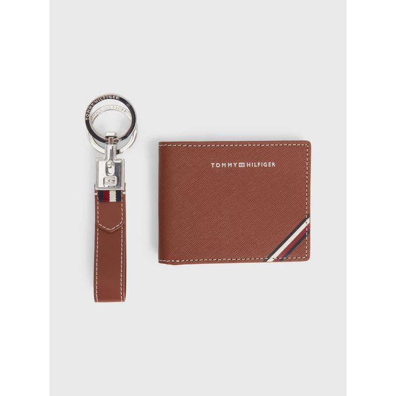 TOMMY HILFIGER - Set De Billetera De Cuero Con Llavero Café Tommy Hilfiger