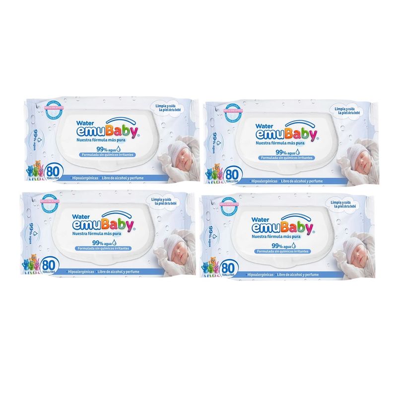 EMUBABY - X4 Toallitas Húmedas Water Emubaby 80unid Hipoalergénicas.-