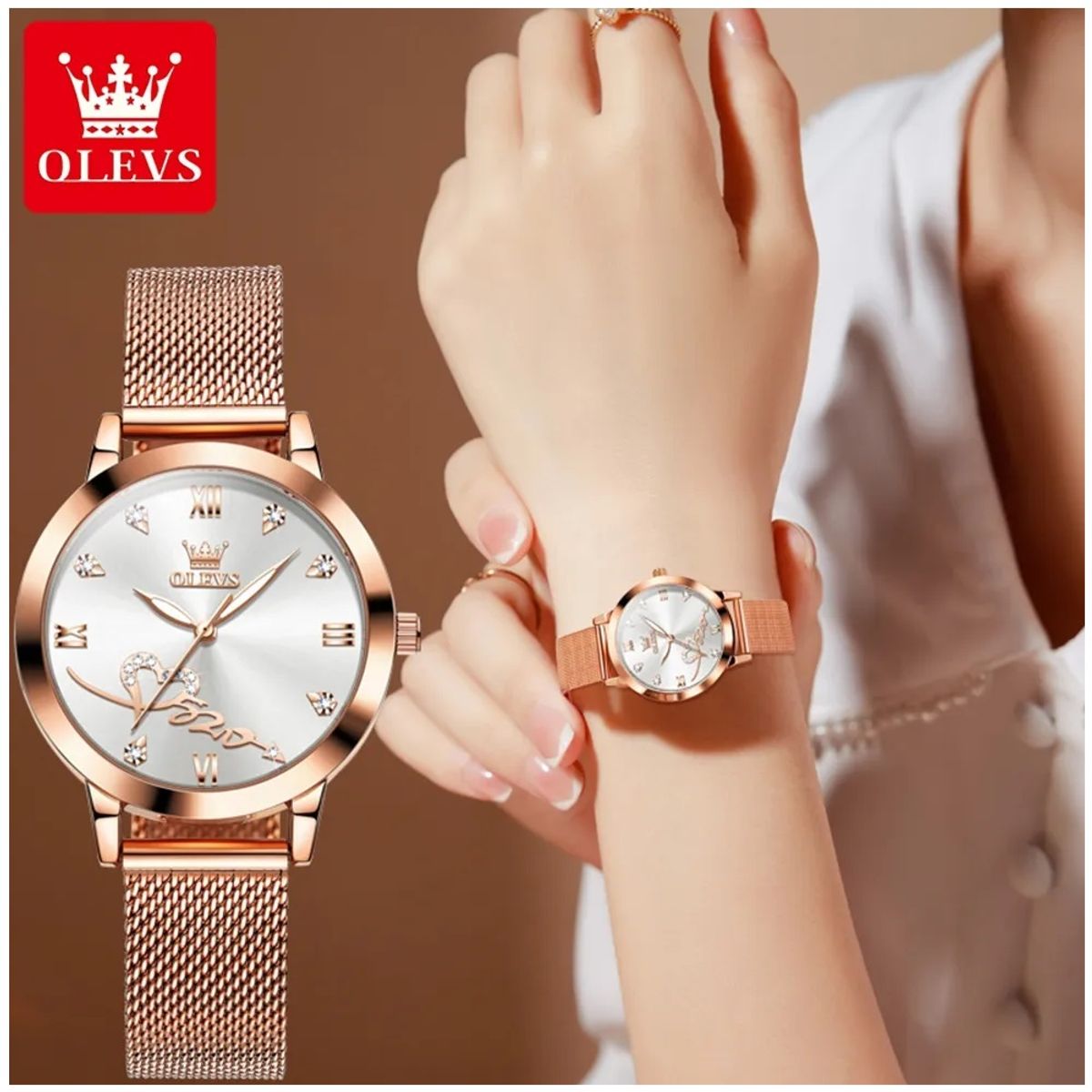 STARTECHOFFICE - Reloj de Mujer Diseño Elegante Pulsera Metálica de Malla Rosa Dorado