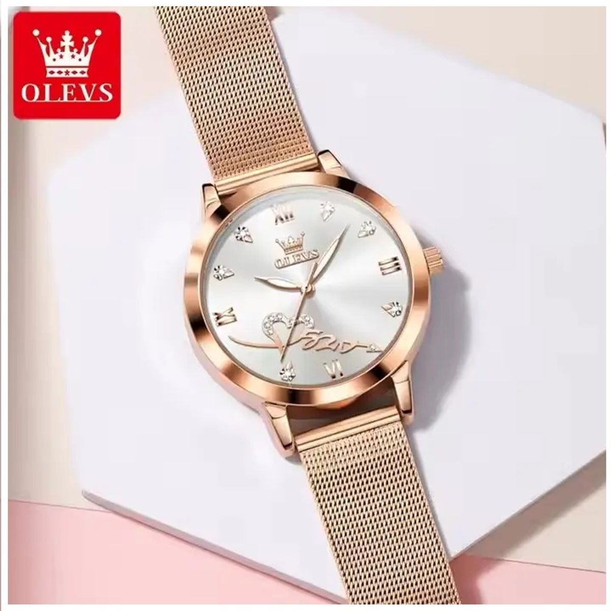 STARTECHOFFICE - Reloj de Mujer Rosa Dorado con Esfera Decorativa Movimiento de Cuarzo Japonés Cristales Brillantes