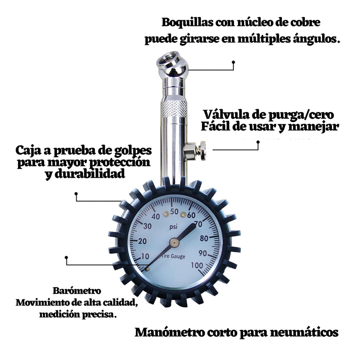GENERICO - Manómetro De Presión De Neumáticos 0-100 Psi-Plata