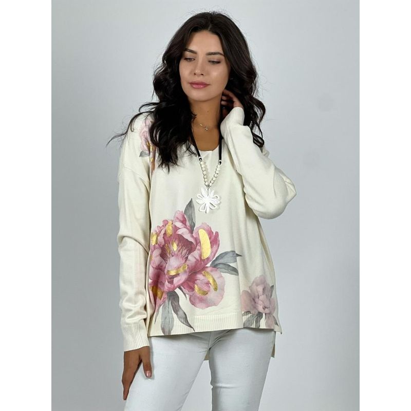 ENIGMATICA BOUTIQUE - Sweater Spandex Flores Peonias Estampadas Gris.
