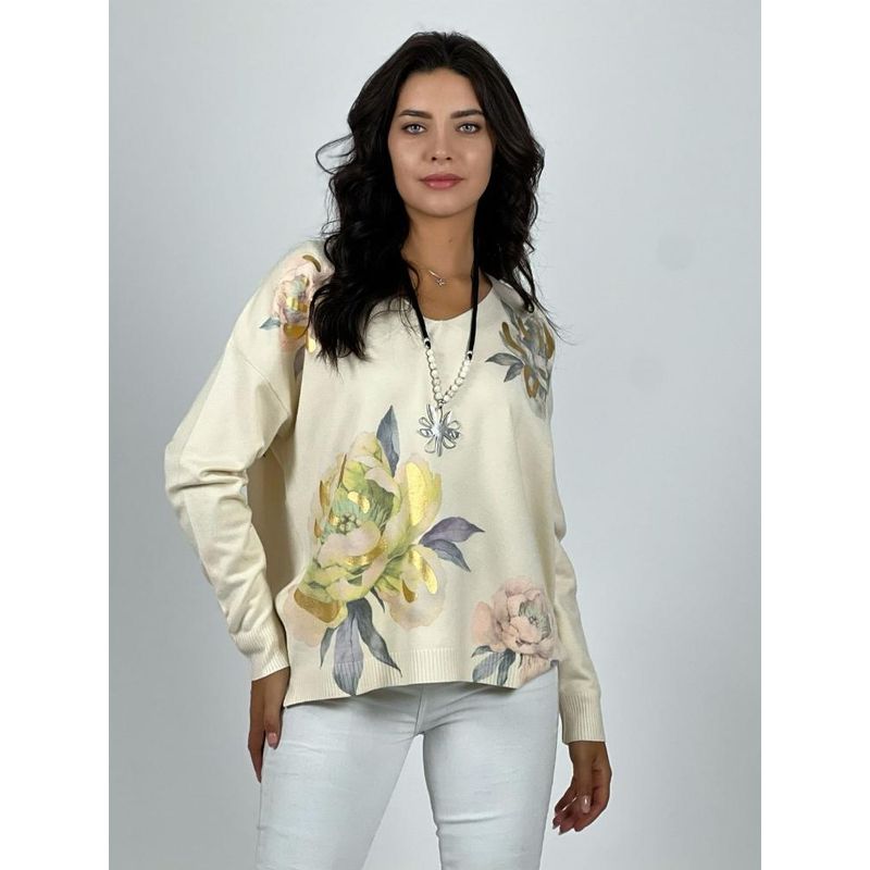 ENIGMATICA BOUTIQUE - Sweater Spandex Flores Peonias Estampadas Gris.