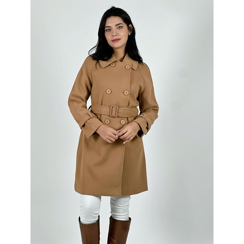 ENIGMATICA BOUTIQUE - Abrigo Trench Tela Paño 6 Botones con Cinturón Café