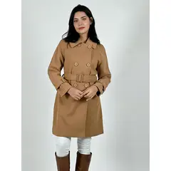 ENIGMATICA BOUTIQUE - Abrigo Trench Tela Paño 6 Botones con Cinturón Café