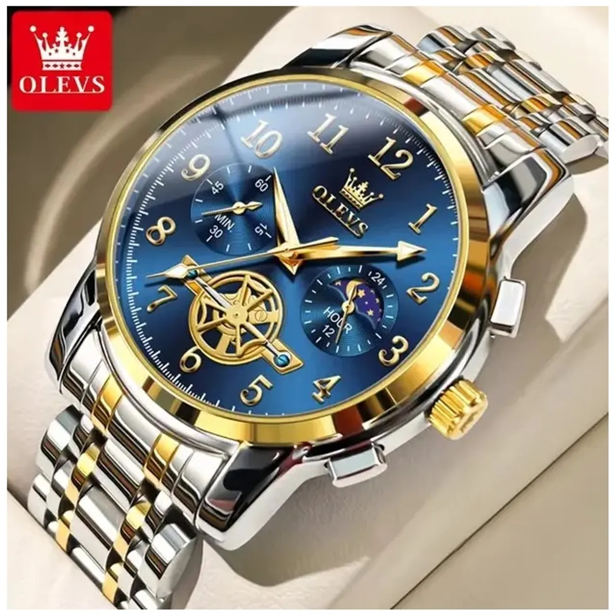 STARTECHOFFICE - Reloj Cronógrafo de Lujo Hombre con Esfera Azul Función Fase Lunar