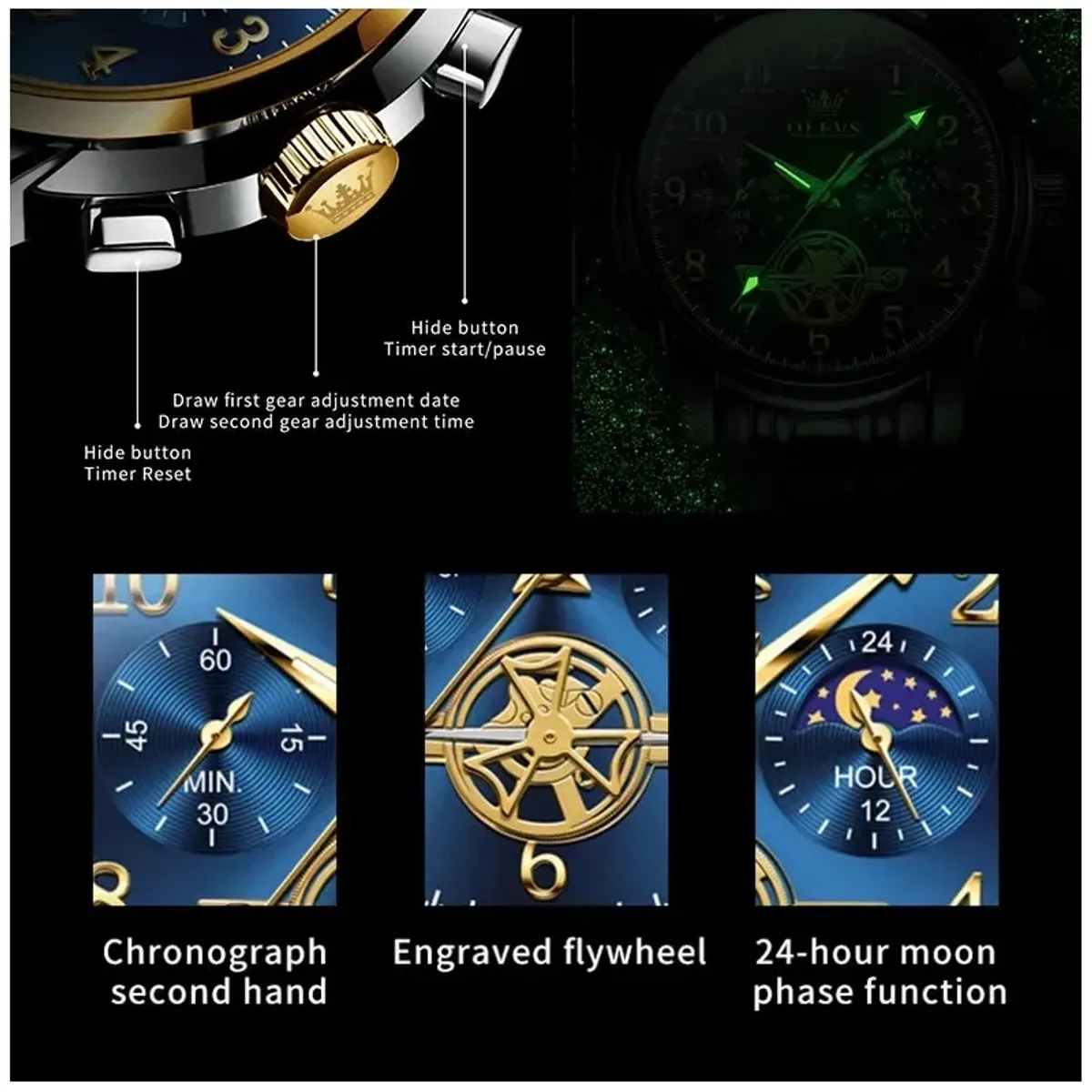 STARTECHOFFICE - Reloj Cronógrafo de Lujo Hombre con Esfera Azul Función Fase Lunar