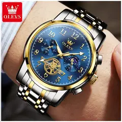 STARTECHOFFICE - Reloj de Lujo para Hombre Azul y Dorado Cronógrafo Flywheel Decorativo